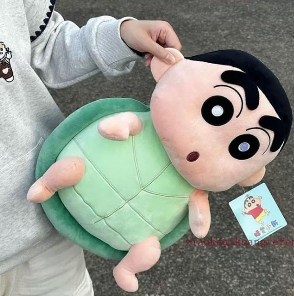 CuddleNest Cute Anime Character Plush Toy | Shin chan Inspired Soft Doll with Green Shell Design