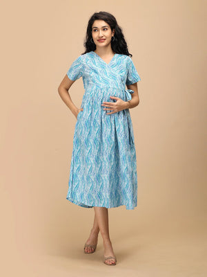 Seafoam Streaks Maternity and Nursing Dress ‚Äì full-length front view showing flowy skirt and bump-friendly gathered waist.