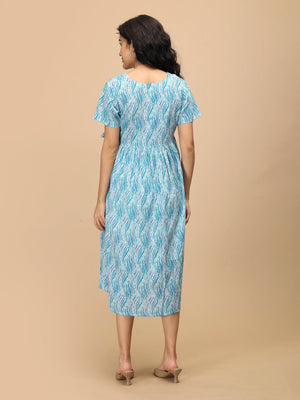 Seafoam Streaks Maternity and Nursing Dress ‚Äì back view of a midi dress with short sleeves and all-over seafoam streak print.