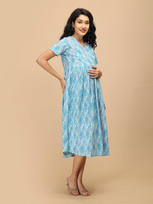 Seafoam Streaks Maternity and Nursing Dress ‚Äì side view showing relaxed maternity silhouette with V-neck wrap bodice and midi length.