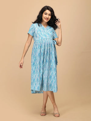 Seafoam Streaks Maternity and Nursing Dress ‚Äì front view of a wrap-style maternity dress with seafoam streak print and airy A-line shape.