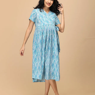 Seafoam Streaks Maternity and Nursing Dress – front view of a wrap-style maternity dress with seafoam streak print and airy A-line shape.