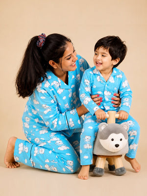 Set Of 2: Hello Bear Matching Pajama Set for Mom and Baby - Twinning Combo