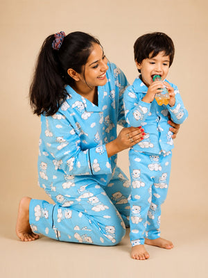 Set Of 2: Hello Bear Matching Pajama Set for Mom and Baby - Twinning Combo