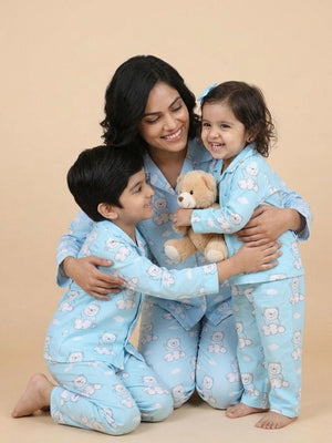 Set Of 3: Hello Bear Matching Pajama Set for Mom and Baby - Twinning Combo