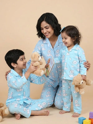 Set Of 3: Hello Bear Matching Pajama Set for Mom and Baby - Twinning Combo