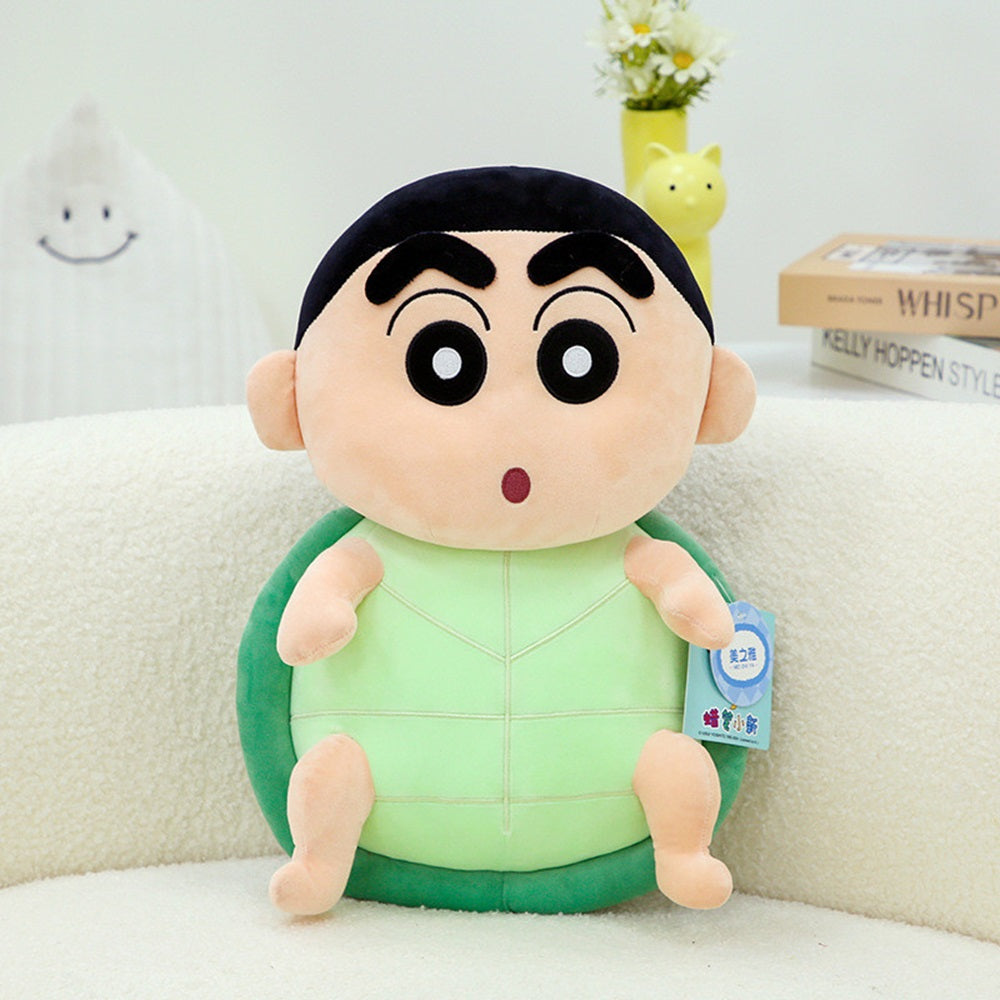 CuddleNest Cute Anime Character Plush Toy | Shin chan Inspired Soft Doll with Green Shell Design