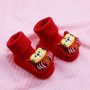 Shimmer Red Lucky Chinese New Year Cat christmas themed Booties/Socks  for Christmas Party, 0-12 months - Little Surprise BoxShimmer Red Lucky Chinese New Year Cat christmas themed Booties/Socks  for Christmas Party, 0-12 months