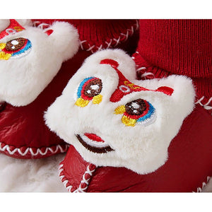 Shiny Red Ruffled Lucky Dragon Christmas themed Booties/Socks for Christmas Party, 0-12 months - Little Surprise BoxShiny Red Ruffled Lucky Dragon Christmas themed Booties/Socks for Christmas Party, 0-12 months