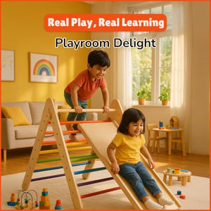 Shumee Wooden Rainbow Pikler Triangle+Slide and Climber - Puzzles & Games