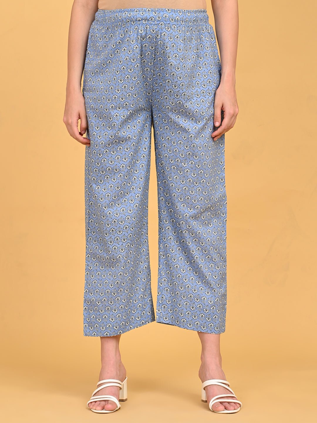 Front view printed straight-fit pants from ShyamAab Maternity and Nursing Kurta Set with elasticated waistband.