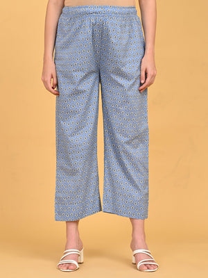 Front view printed straight-fit pants from ShyamAab Maternity and Nursing Kurta Set with elasticated waistband.