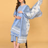 Model seated wearing ShyamAab Maternity and Nursing Kurta Set With Dupatta in blue floral print with matching bordered dupatta.
