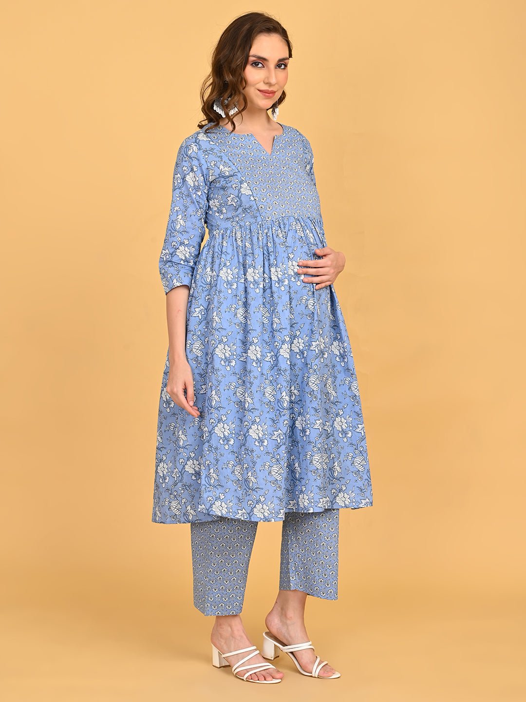 Side view of ShyamAab Maternity and Nursing Kurta Set highlighting bump-friendly gathered waist and printed dupatta.