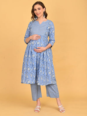 Front view of ShyamAab Maternity and Nursing Kurta Set showing blue floral kurta with three-quarter sleeves and straight-fit pants.
