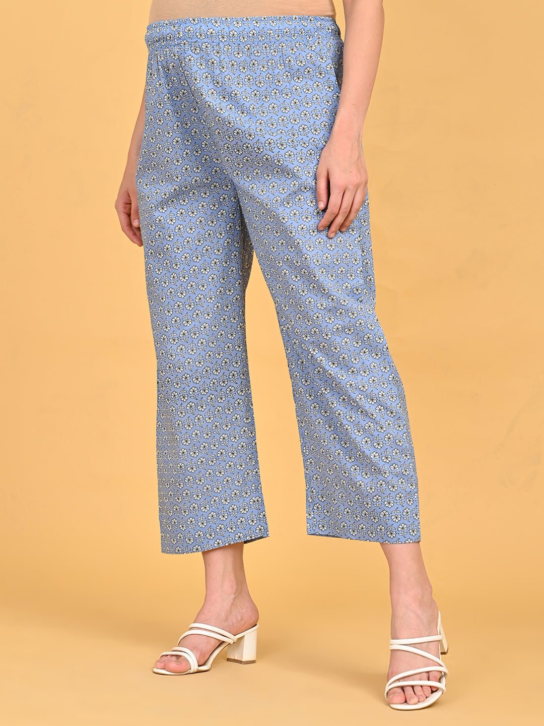 Side view printed straight-fit pants from ShyamAab Maternity and Nursing Kurta Set with elasticated waistband.