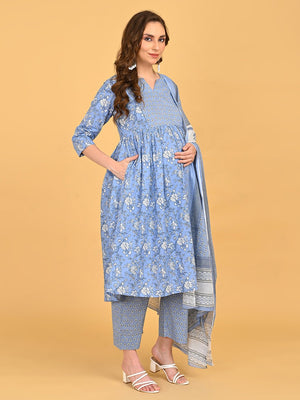 Side view of ShyamAab Maternity and Nursing Kurta Set With Dupatta highlighting bump-friendly gathered waist and printed dupatta.