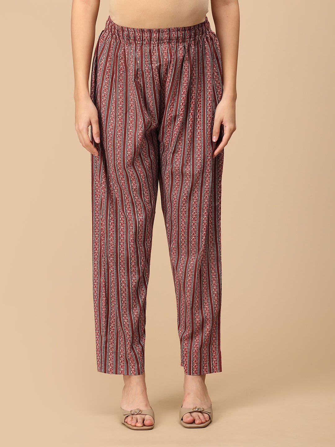Front view of Sienna Bloom maternity striped printed pants with soft breathable fabric.