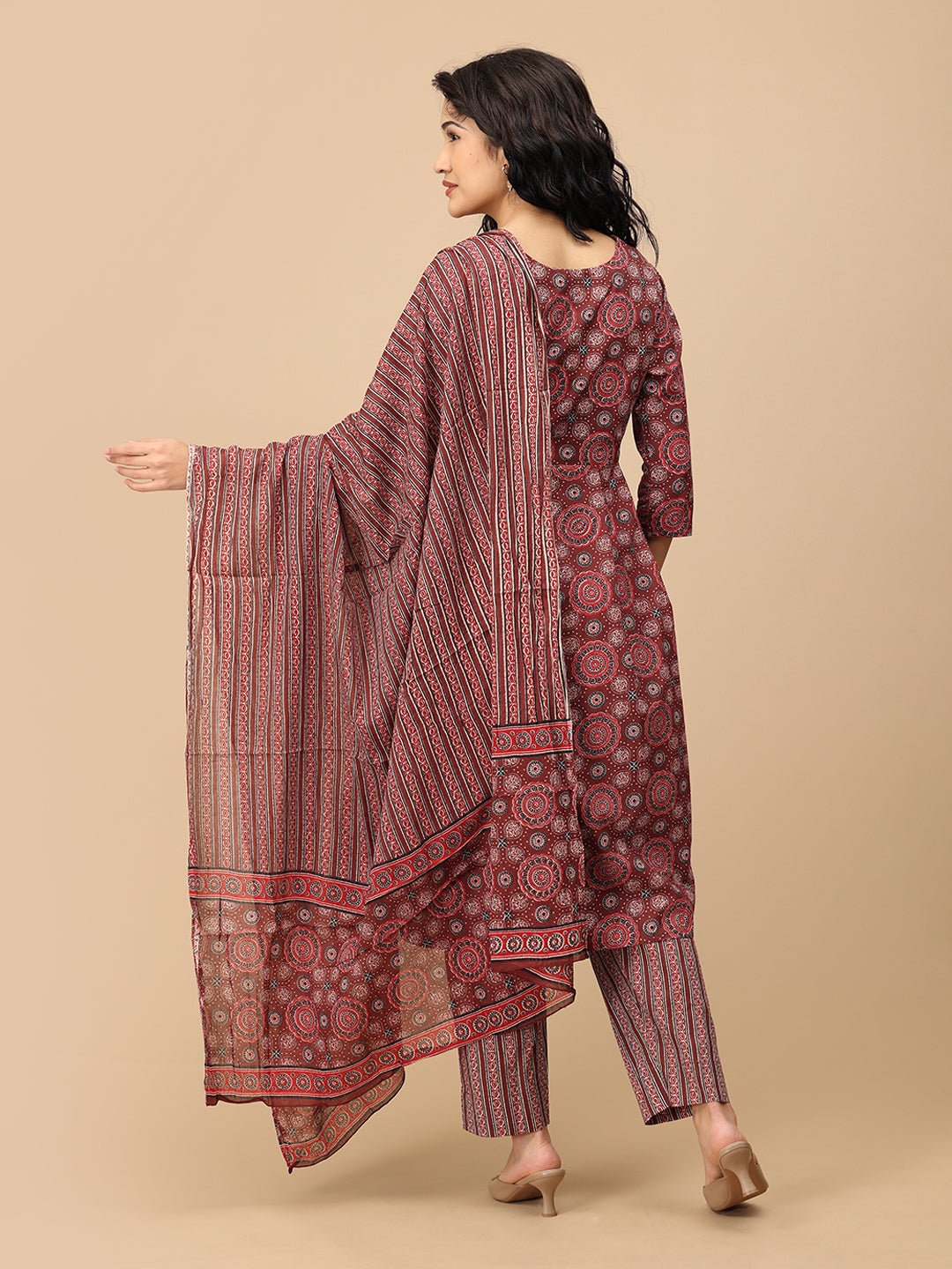 Back view of Sienna Bloom maternity kurta set with printed dupatta and striped pants
