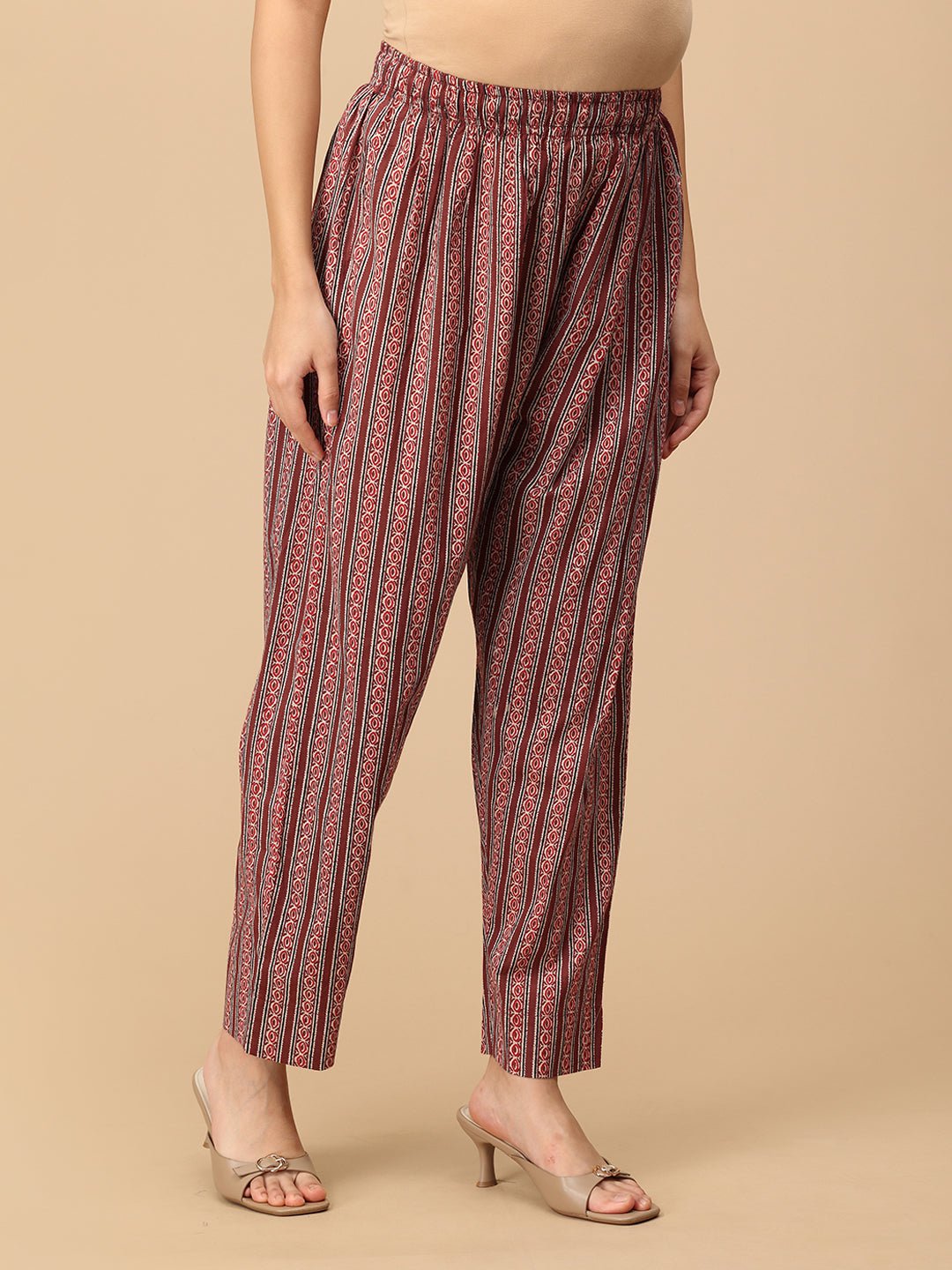 side view of Sienna Bloom maternity striped printed pants with soft breathable fabric.