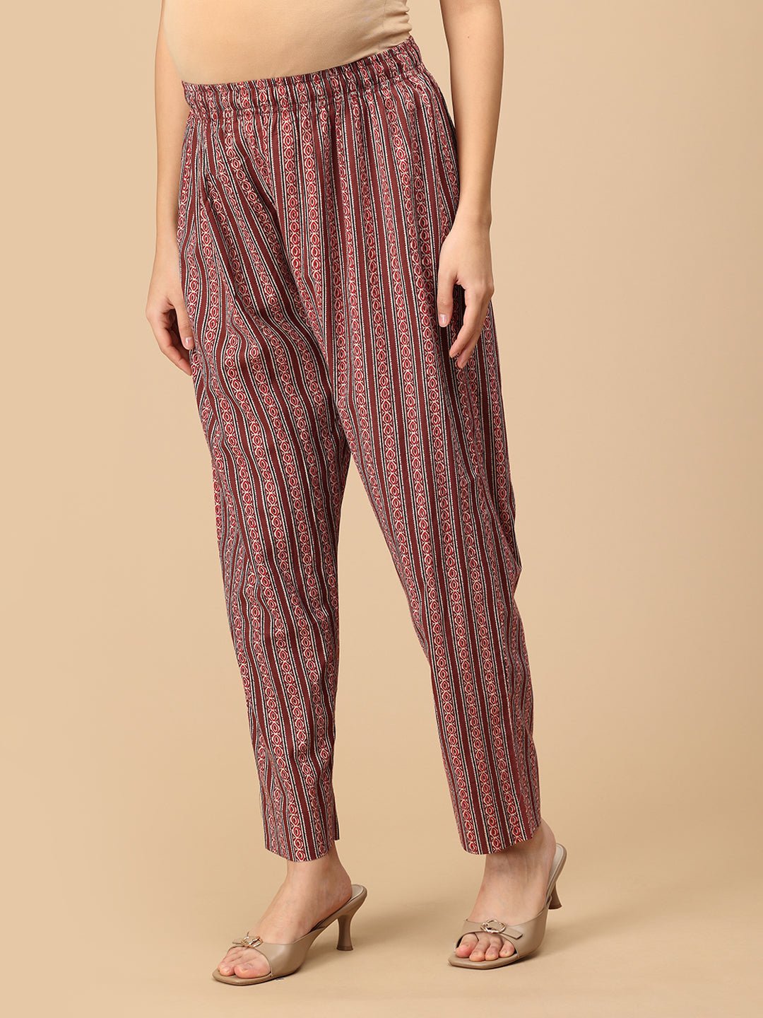 side view of Sienna Bloom maternity striped printed pants with soft breathable fabric.