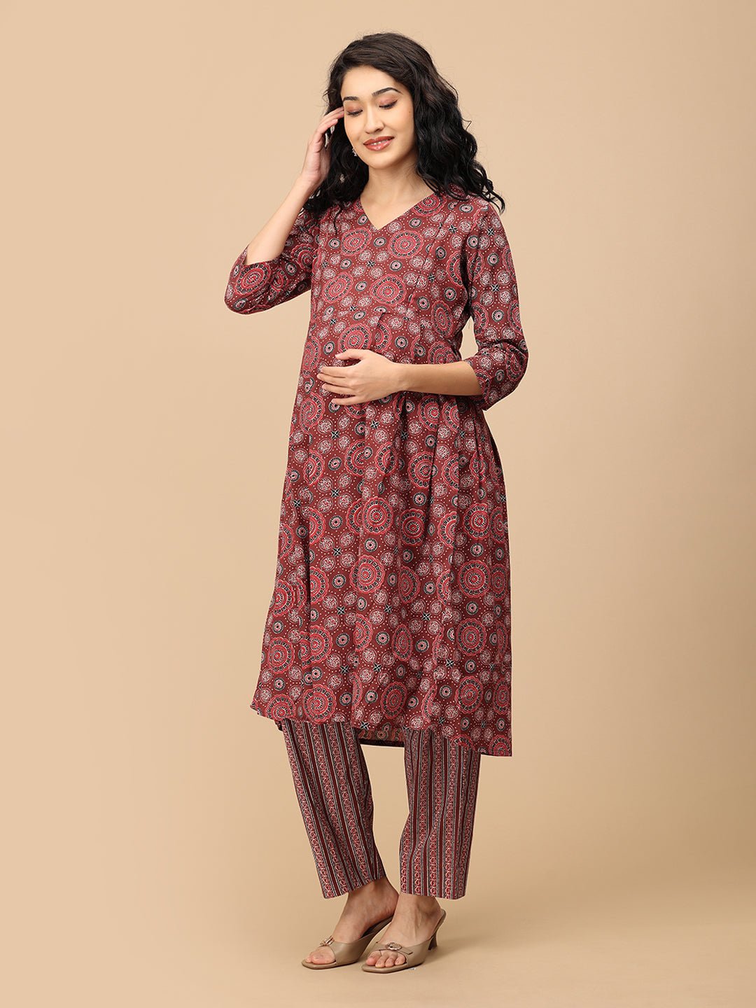 Sienna Bloom maternity and nursing kurta set featuring ethnic print kurta and striped pants – side pose.