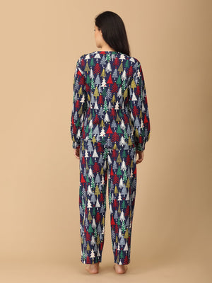 Back Side view of trousers of model wearing Silent Night Maternity Pajama Set from the mom store