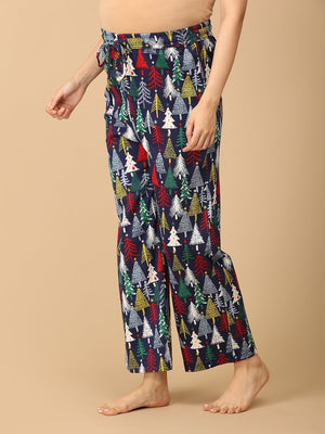 Side view Close up of trousers of model wearing Silent Night Maternity Pajama Set from the mom store