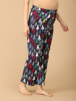 Right Side view Close up of trousers of model wearing Silent Night Maternity Pajama Set from the mom store