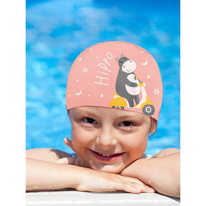 Silicone Kids Swimming Cap, Rider Hippo print, Peach - Little Surprise BoxSilicone Kids Swimming Cap, Rider Hippo print, Peach