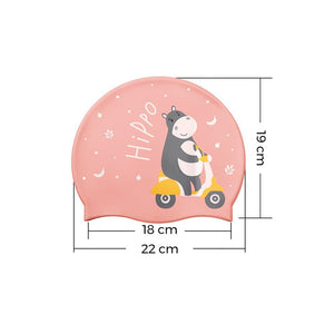 Silicone Kids Swimming Cap, Rider Hippo print, Peach - Little Surprise BoxSilicone Kids Swimming Cap, Rider Hippo print, Peach