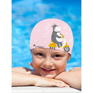 Silicone Kids Swimming Cap, Rider Hippo print, Pink - Little Surprise BoxSilicone Kids Swimming Cap, Rider Hippo print, Pink