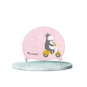 Silicone Kids Swimming Cap, Rider Hippo print, Pink - Little Surprise BoxSilicone Kids Swimming Cap, Rider Hippo print, Pink