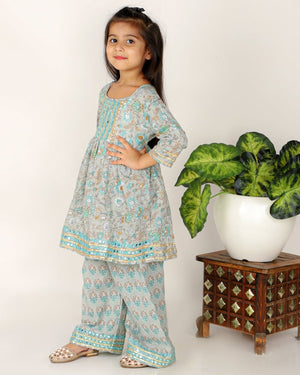 Silver Grey Floral Embroidered Girls Anarkali Kurta Set - KP-SLVGY-6-12