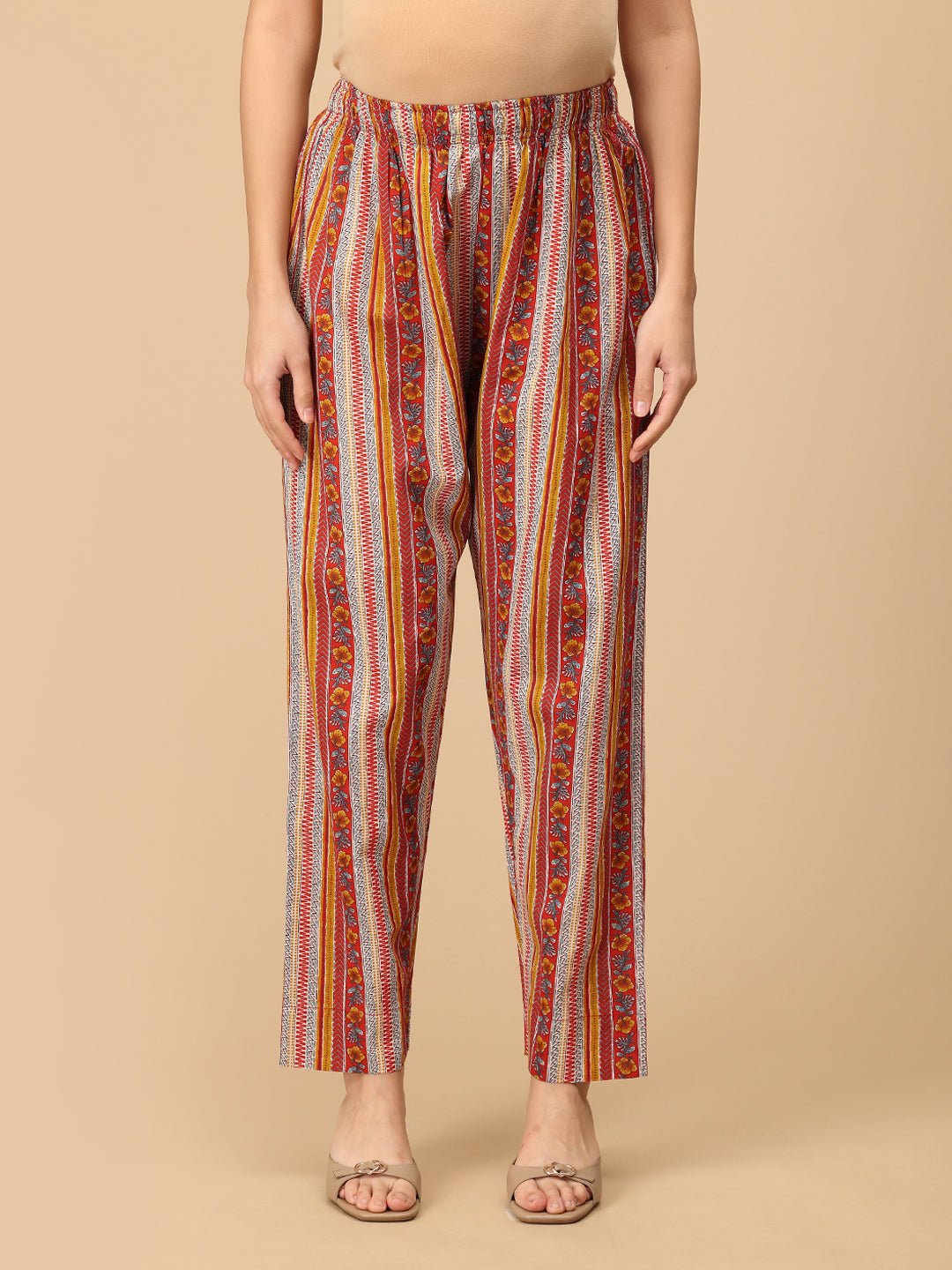 Red striped maternity pants with floral prints – comfortable cotton pregnancy trousers