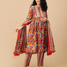 Flowy red printed dupatta styled with floral maternity kurta and striped pants