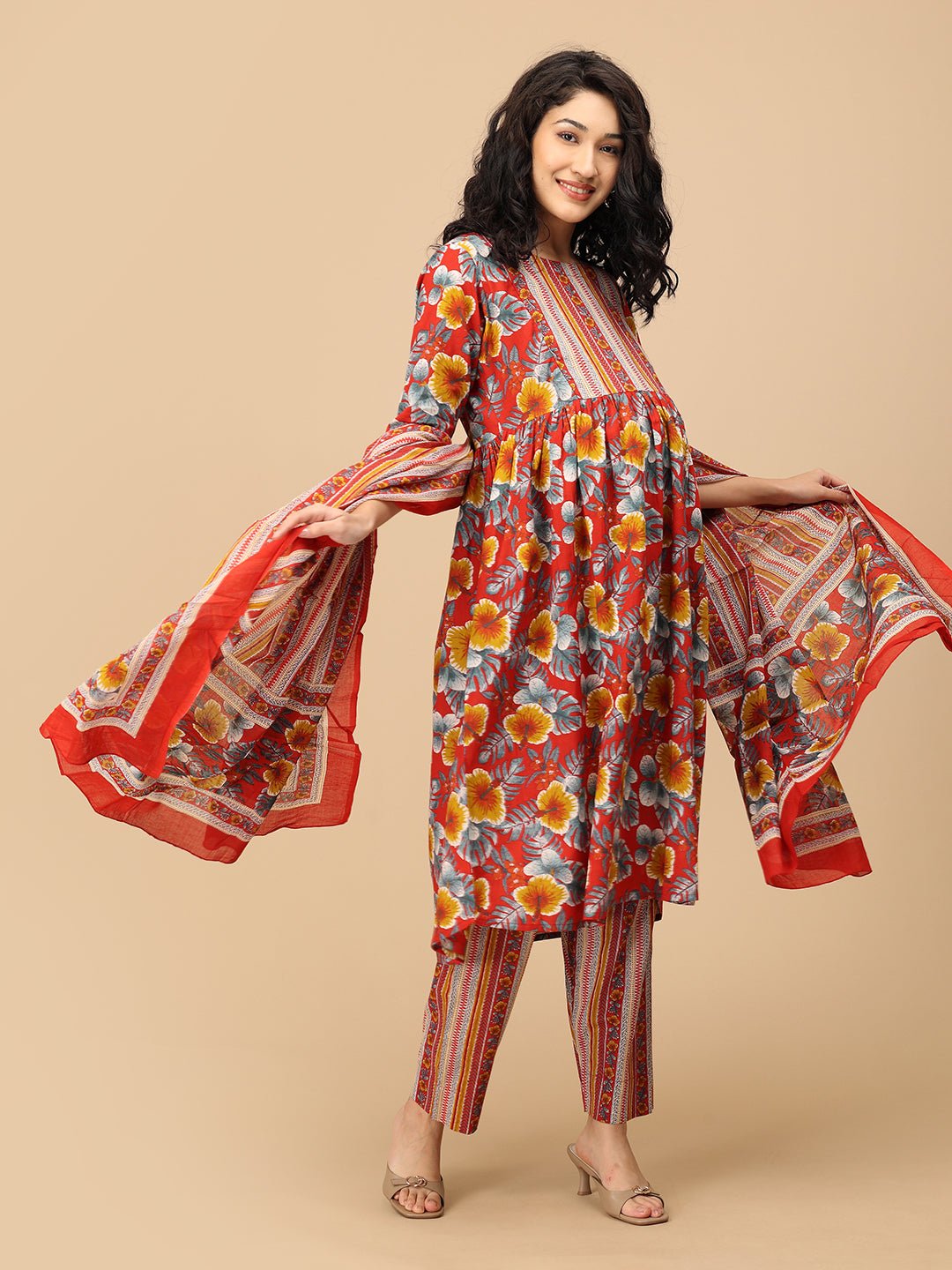 Red floral maternity kurta set with striped printed dupatta – full ethnic pregnancy outfit