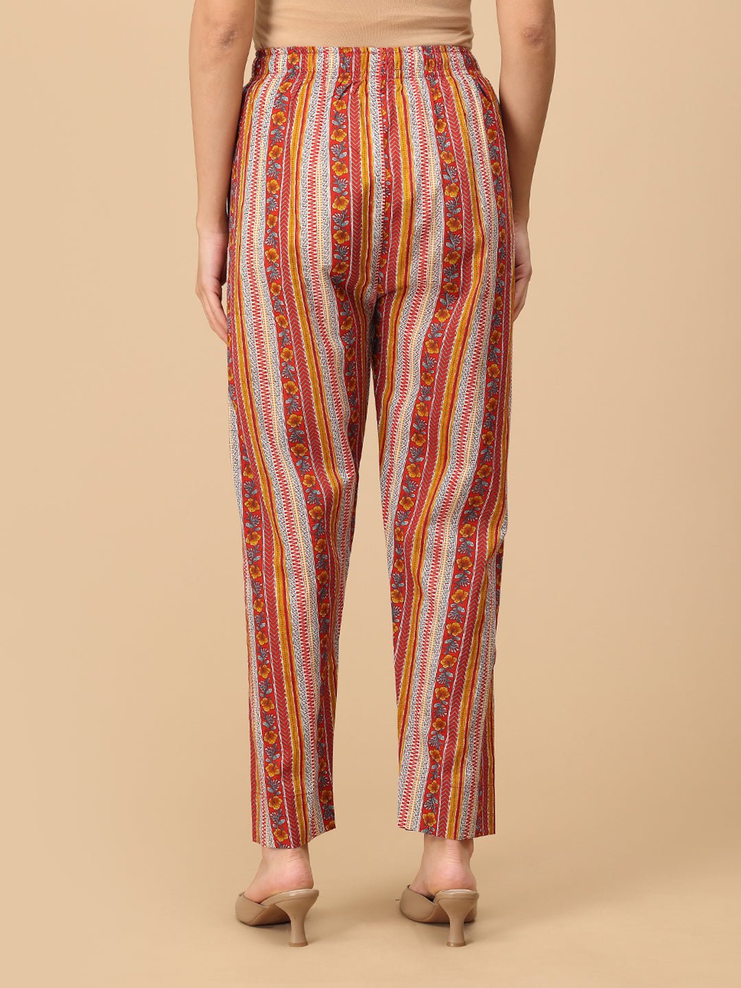 Back view of red striped maternity pants – breathable printed pregnancy trousers