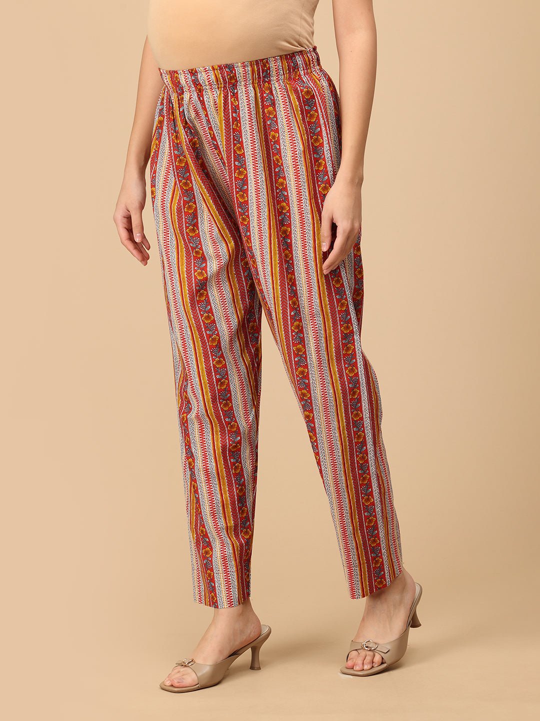 Side view Red striped maternity pants with floral prints – comfortable cotton pregnancy trousers