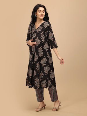 Siyah Maternity Anarkali Kurta and printed pants set with comfortable flared silhouette ‚Äì side view.