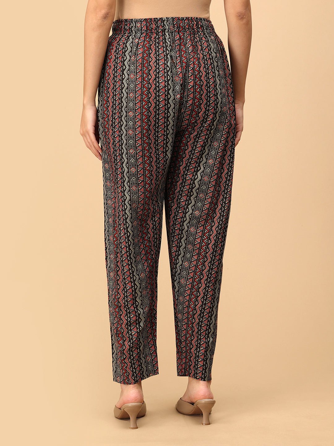 Siyah Maternity Straight Pants in black and red zigzag print with elasticated waistband, back view