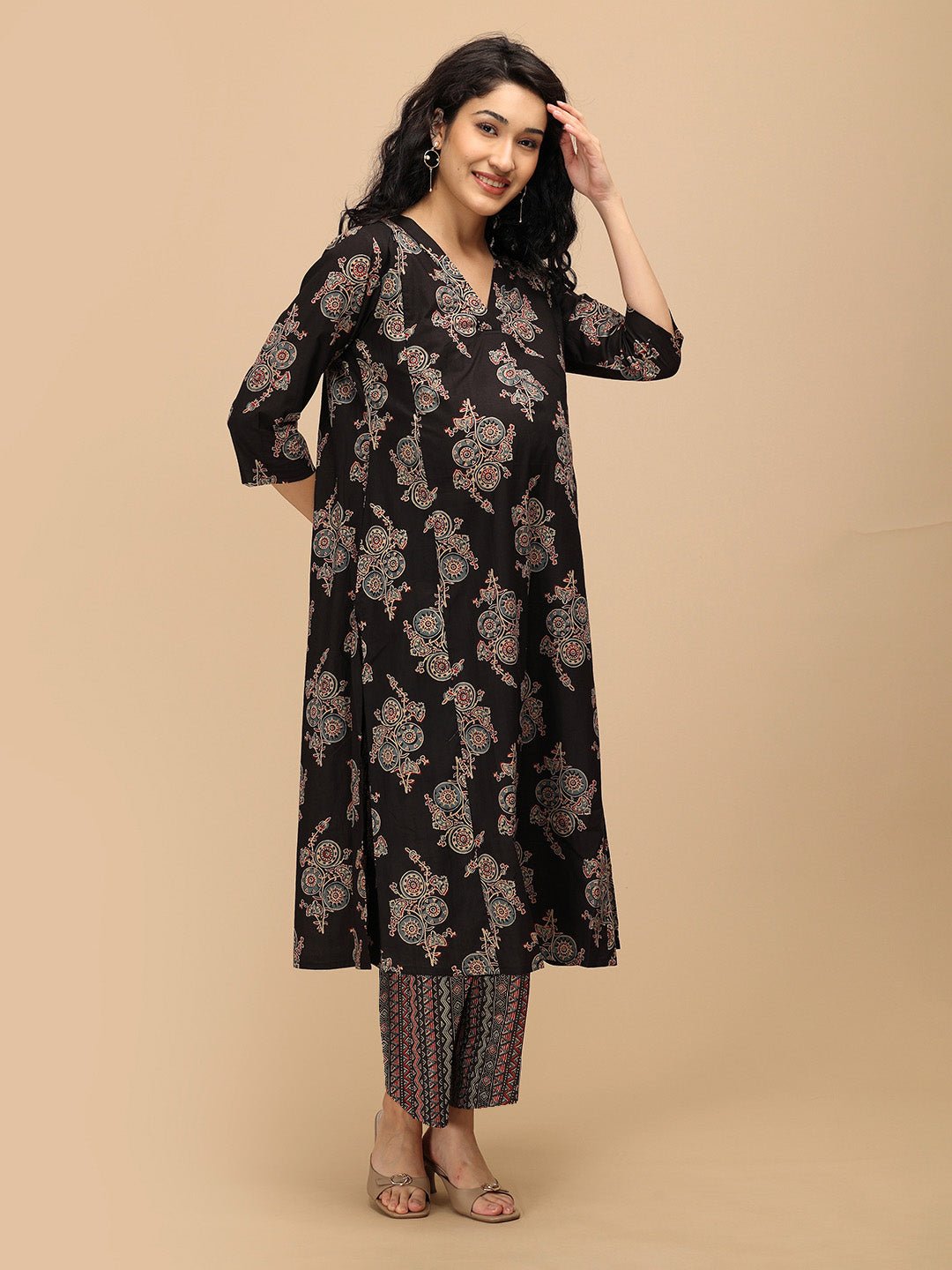 Siyah Maternity Anarkali Kurta and printed pants set with comfortable flared silhouette – front view.