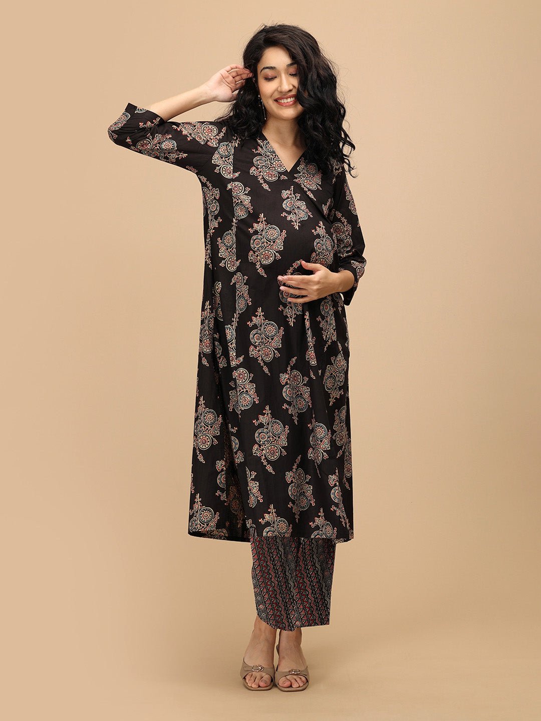Front view of Siyah Maternity and Nursing Anarkali Kurta with traditional black and multicolour motifs and nursing access