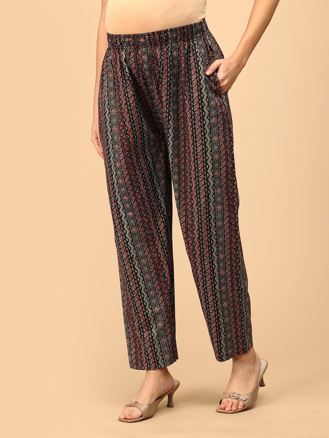 Siyah Maternity Straight Pants in black and red zigzag print with elasticated waistband, side view