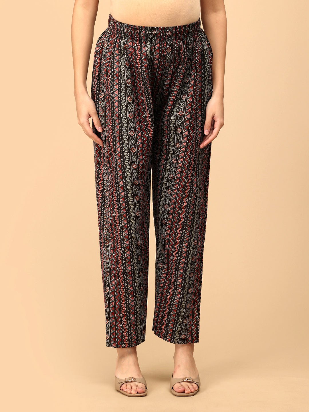 Siyah Maternity Straight Pants in black and red zigzag print with elasticated waistband