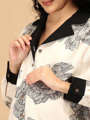 Close-up of button-down nursing access on The Mom Store Sketch Petal maternity and nursing dress.