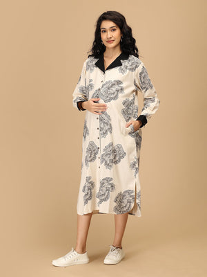 Smiling pregnant woman in The Mom Store Sketch Petal maternity and nursing dress front view.