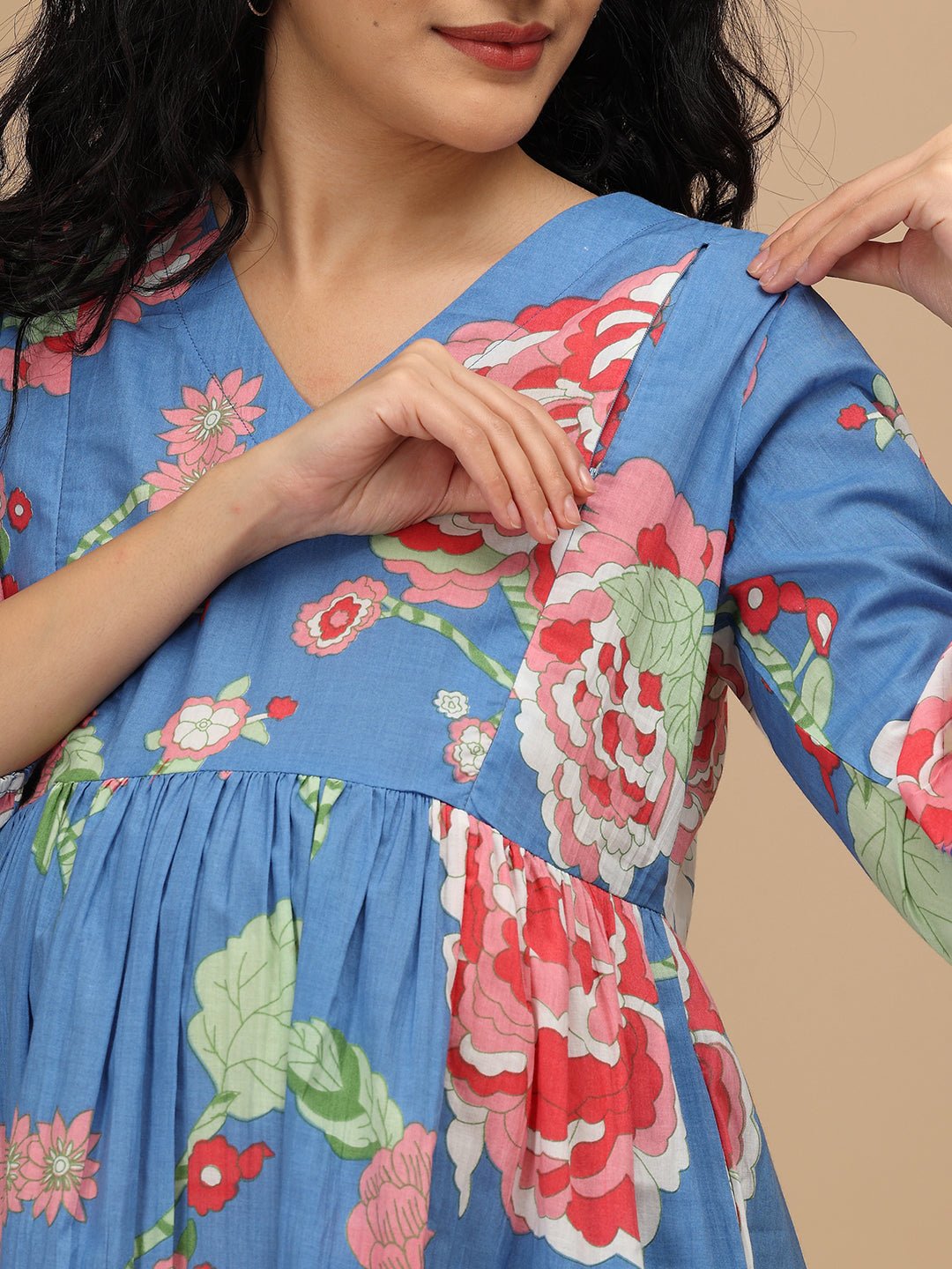 Close-up showing hidden nursing zipper on The Mom Store Sky Bloom floral maternity dress.