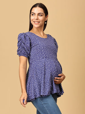 Sky Dot Puff Sleeve Maternity and Nursing Top - MAT - SD - SKDP - S