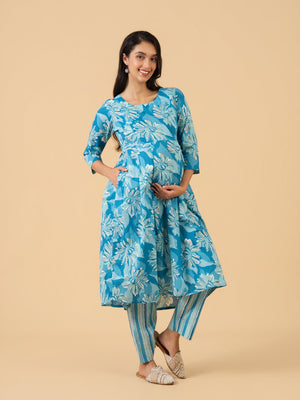 Sleek Ink Maternity and Nursing Kurta Set With Dupatta - S Maternity Ethnic Set